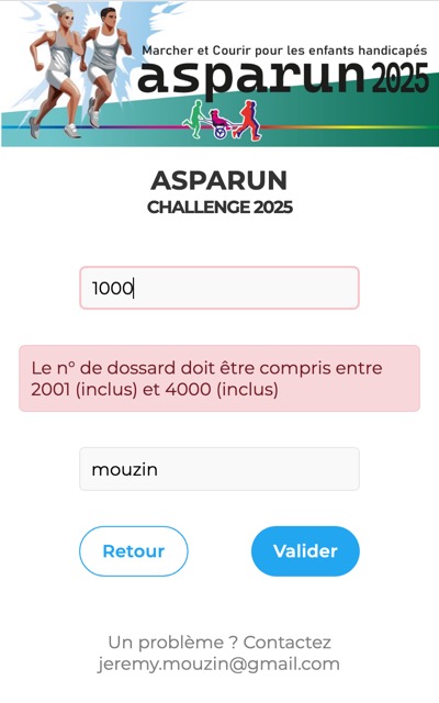 Erreur affichée lorsque le numéro de dossard n'est pas valide