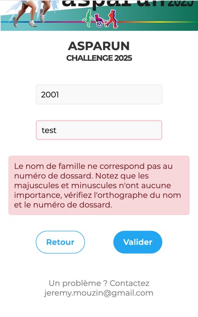 Erreur affichée lorsque le nom de famille n'est pas le bon