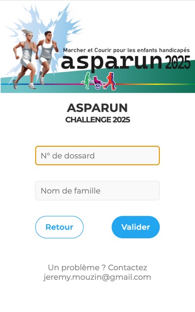 Écran d'identification avec le champ numéro de dossard et nom de famille