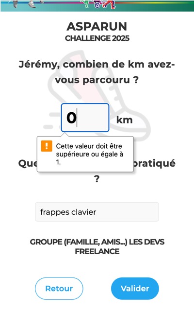 Écran avec l'erreur indiquant que le nombre de km doit être supérieur ou égal à 1