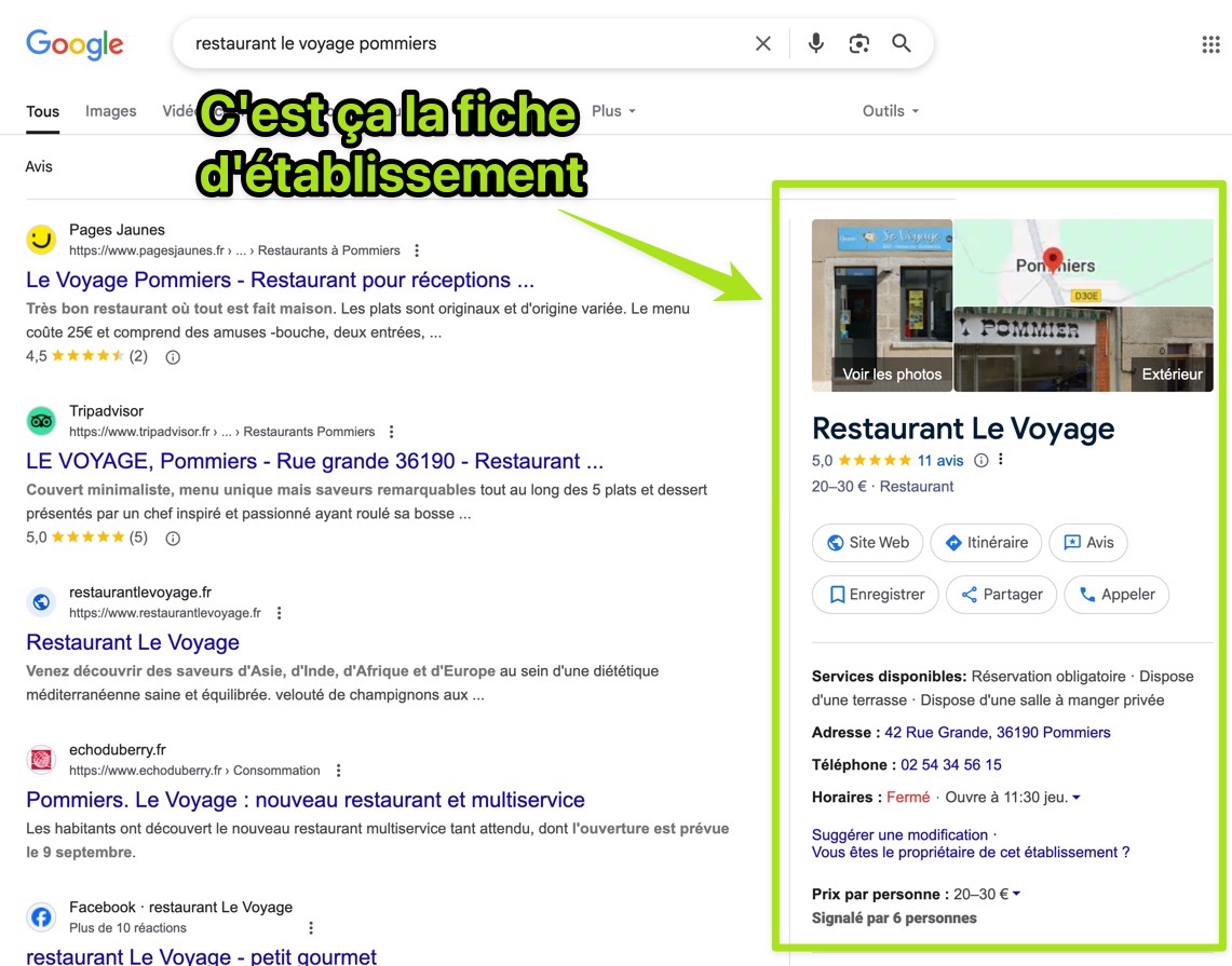 exemple de la fiche d'établissement google du restaurant le voyage