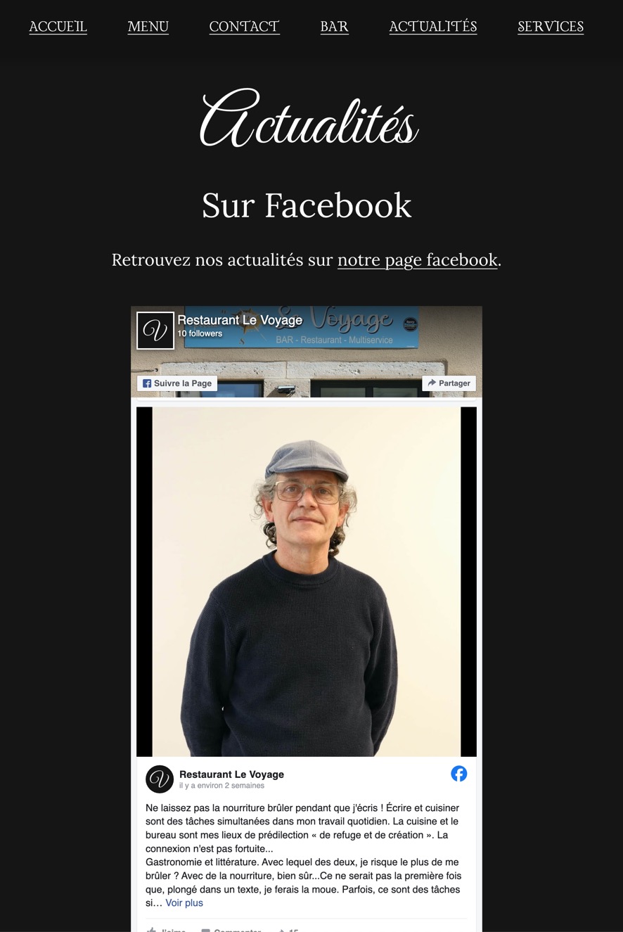 La page actualités du site du restaurant